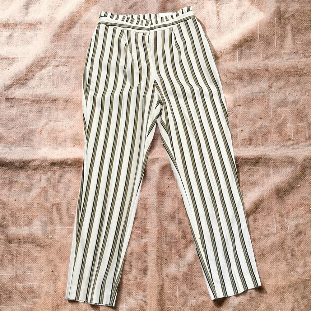 Express Size 6R Pants High Rise Ruffle Paperbag Waist Striped Ankle Olive NWT